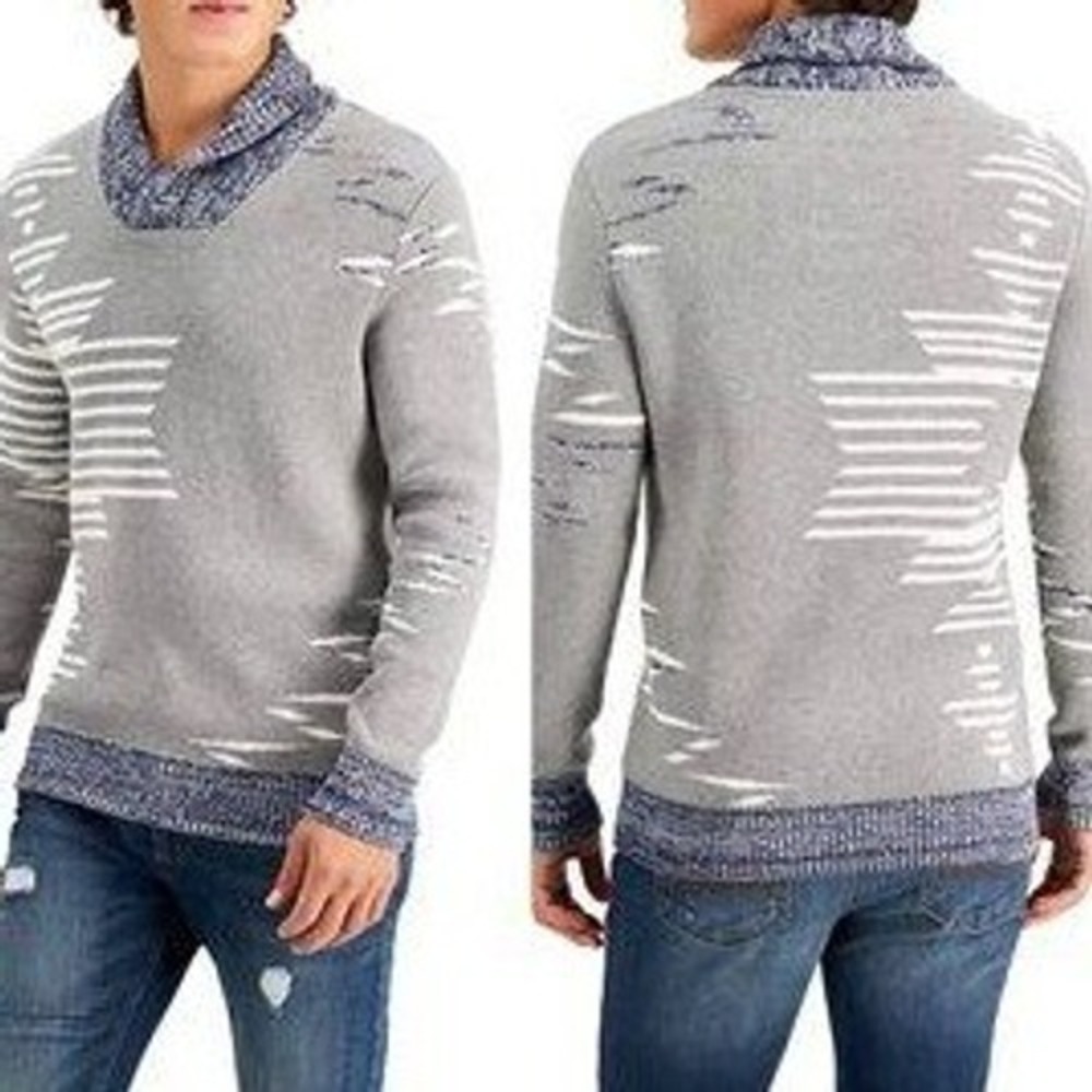 Sun‎ + Stone Mens Gray Blue Native Shawl Collar Sweater Size Large